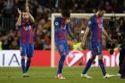 Barcelona's Jordi Alba, Neymar and Sergio Busquets, from left to right, leave the pitch at the end of the Champions League quarterfinal second leg soccer match between Barcelona and Juventus at Camp Nou stadium in Barcelona, Spain, Wednesday, April 19, 2017. The game ended in a goal less draw and Juventus advances after their first leg win. (AP Photo/Emilio Morenatti)