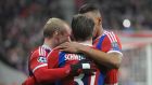 MUNICH, GERMANY - DECEMBER 10:  Sebastian Rode (L-R), Bastian Schweinsteiger and Jerome Boateng of Muenchen celebrate their team's second goal during the UEFA Champions League Group E match between FC Bayern Muenchen and PFC CSKA Moskva at Allianz Arena on December 10, 2014 in Munich, Germany.  (Photo by Lennart Preiss/Bongarts/Getty Images)