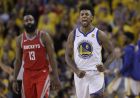 Golden State Warriors guard Nick Young (6) celebrates in front of Houston Rockets guard James Harden (13) during the second half of Game 6 of the NBA basketball Western Conference Finals in Oakland, Calif., Saturday, May 26, 2018. (AP Photo/Marcio Jose Sanchez)