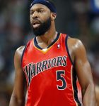 Golden State Warriors guard Baron Davis argues a call while facing the Denver Nuggets in the third quarter of the Nuggets' 119-112 victory in an NBA basketball game in Denver on Saturday, March 29, 2008. (AP Photo/David Zalubowski)