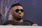 Boxer Jarrell Miller listens during a news conference Tuesday, Feb. 19, 2019, in New York, to promote his upcoming fight against British boxer Anthony Joshua. (AP Photo/Frank Franklin II)