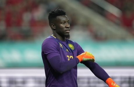 Cameroon's goalkeeper Andre Onana is seen during the friendly soccer match between South Korea and Cameroon at Seoul World Cup Stadium in Seoul, South Korea, Tuesday, Sept. 27, 2022. (AP Photo/Lee Jin-man)