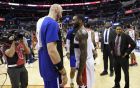 Washington Wizards guard John Wall, right, laughs with Los Angeles Clippers center Marcin Gortat, left, of Poland, after an NBA basketball game, Tuesday, Nov. 20, 2018, in Washington. The Wizards won 125-118. (AP Photo/Nick Wass)
