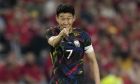South Korea's Son Heung-min gestures during the International friendly soccer match between Wales and South Korea at the Cardiff City Stadium in Cardiff, Wales, Thursday, Sept. 7, 2023 . (AP Photo/Kin Cheung)