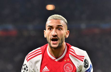 Ajax's Hakim Ziyech reacts during the Champions League semifinal second leg soccer match between Ajax and Tottenham Hotspur at the Johan Cruyff ArenA in Amsterdam, Netherlands, Wednesday, May 8, 2019. (AP Photo/Martin Meissner)