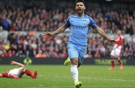 Manchester City's Sergio Aguero celebrates scoring his side's second goal of the game during the English FA Cup quarter final at the Riverside Stadium in Middlesbrough, England, Saturday March 11, 2017. (Mike Egerton/PA via AP)