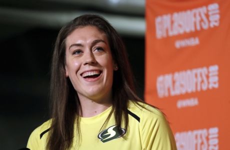 Seattle Storm's Breanna Stewart addresses media members after receiving the league's Most Valuable Player award before a semifinal basketball playoff game against the Phoenix Mercury Sunday, Aug. 26, 2018, in Seattle. (AP Photo/Elaine Thompson)