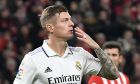 Real Madrid's Toni Kroos celebrates after scoring his side's second goal during the Spanish La Liga soccer match between Athletic Club Bilbao and Real Madrid at the San Mames stadium in Bilbao, Spain, Sunday, Jan. 22, 2023. (AP Photo/Alvaro Barrientos)