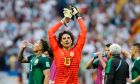 Mexico goalkeeper Guillermo Ochoa celebrates after winning the group F match between Germany and Mexico at the 2018 soccer World Cup in the Luzhniki Stadium in Moscow, Russia, Sunday, June 17, 2018. Mexico won Germany 1-0. (AP Photo/Antonio Calanni)