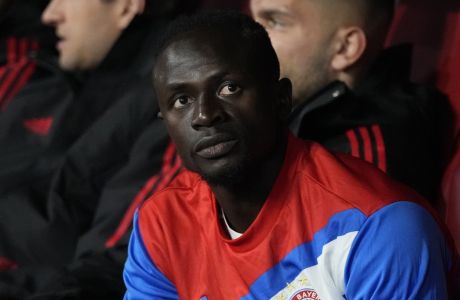 Bayern's Sadio Mane sits on the bench before the Champions League quarter final second leg soccer match between Bayern Munich and Manchester City, at the Allianz Arena stadium in Munich, Germany, Wednesday, April 19, 2023. (AP Photo/Matthias Schrader)