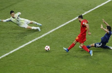 elgium's Nacer Chadli, center, scores his third side goal during the round of 16 match between Belgium and Japan at the 2018 soccer World Cup in the Rostov Arena, in Rostov-on-Don, Russia, Monday, July 2, 2018. (AP Photo/Hassan Ammar)