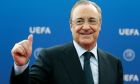 FILE - In this file photo dated Thursday, Aug. 30, 2018, Real Madrid President Florentino Perez gives a thumbs up as he arrives for the UEFA Champions League draw at the Grimaldi Forum, in Monaco. Perez says the Super League is being created now to save soccer amid the coronavirus pandemic, but the idea of the new elite league has existed way before the pandemic ever hit and he has been behind it from the start. (AP Photo/Claude Paris, File)