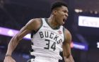 Milwaukee Bucks' Giannis Antetokounmpo reacts after he dunks against the Portland Trail Blazers during the first half of an NBA basketball game Wednesday, Nov. 21, 2018, in Milwaukee. (AP Photo/Jeffrey Phelps)