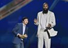 Ken Jeong, left, and Tyson Chandler, of the Phoenix Suns, present the defensive player of the year award at the NBA Awards on Monday, June 25, 2018, at the Barker Hangar in Santa Monica, Calif. (Photo by Chris Pizzello/Invision/AP)