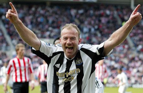 ** FILE ** In this Monday April 17, 2006 file photo Newcastle United's captain Alan Shearer celebrates after scoring a goal from the penalty spot against Sunderland during their English Premier League soccer match at the Stadium of Light in Sunderland, England. Shearer is set to take charge of Newcastle until the end of the season in an attempt to keep the club in the English Premier League, according to Sky Sports News. The former England captain has turned down several approaches to take a coaching role with the team he represented for 10 years, but Sky said late Tuesday March 31, 2009 that he would become manager in place of Joe Kinnear. (AP Photo/Scott Heppell, File) ** NO INTERNET/MOBILE USAGE WITHOUT FAPL LICENCE - SEE IPTC SPECIAL INSTRUCTIONS FIELD FOR DETAILS **