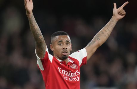 Arsenal's Gabriel Jesus reacts during the English League Cup third round soccer match between Arsenal and Brighton and Hove Albion at the Emirates stadium in London, Wednesday, Nov. 9, 2022. (AP Photo/Kirsty Wigglesworth)