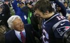 New England Patriots quarterback Tom Brady and owner Robert Kraft talk after the AFC Championship NFL football game against the Jacksonville Jaguars at Gillette Stadium in Foxborough, Mass. Sunday, Jan. 21, 2018. (AP Photo/Winslow Townson)