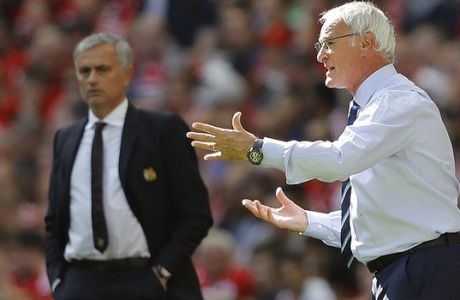 Leicester's Team Manager Claudio Ranieri, right, and Manchester United's Tema Manager Jose Mourinho react during the Community Shield soccer match between Leicester and Manchester United at Wembley stadium in London, Sunday, Aug. 7, 2016 . (AP Photo/Frank Augstein)