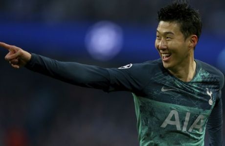 Tottenham's Son Heung-Min celebrates scoring during the Champions League quarterfinal, second leg, soccer match between Manchester City and Tottenham Hotspur at the Etihad Stadium in Manchester, England, Wednesday, April 17, 2019. (AP Photo/Dave Thompson)