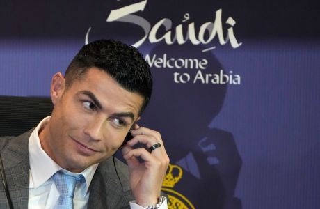 FILE - Cristiano Ronaldo speaks during a press conference for his official unveiling as a new member of Al Nassr soccer club in in Riyadh, Saudi Arabia, Tuesday, Jan. 3, 2023. Cristiano Ronaldo has come under heavy criticism after seemingly making an offensive gesture following Al Nassrs 3-2 victory over Al Shabab in a Saudi Pro League match on Sunday, Feb. 25, 2024. (AP Photo/Amr Nabil, File)