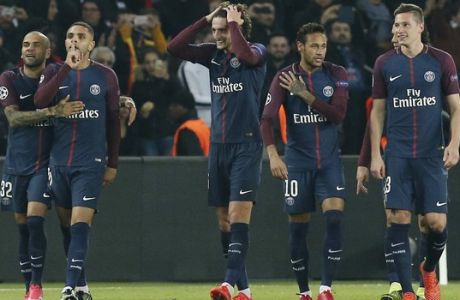 PSG's Layvin Kurzawa,, second left, celebrates after scoring his side's third goal with his teammates Dani Alves, left, Adrien Rabiot, center, Neymar, second right, and Julian Draxler during a Champions League Group B soccer match between Paris Saint-Germain and Anderlecht at Parc des Princes stadium in Paris, France, Tuesday, Oct. 31, 2017. (AP Photo/Thibault Camus)