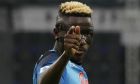 Napoli's Victor Osimhen celebrates after scoring during the Serie A soccer match between Napoli and Sampdoria at the Diego Maradona Stadium, in Naples, Sunday, June 4, 2023. (AP Photo/Andrew Medichini)
