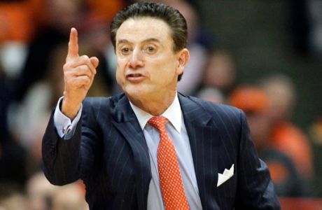 In this  Monday, Feb. 13, 2017 file photo, Louisville head coach Rick Pitino yells to his players in the second half of an NCAA college basketball game against Syracuse in Syracuse, N.Y. Rick Pitino has sued the school's University of Athletic Association for $38.7 million, Thursday, Nov. 30, 2017. The former Cardinals coach says the ULAA breached his contract by placing him on unpaid administrative leave without notice and firing him last month with no legally justified cause. Pitino's lawsuit filed Thursday in U.S. District Court seeks liquidated contract damages of $4.307 million through 2026. (AP Photo/Nick Lisi, File)
