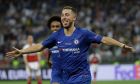 FILE - Chelsea's Eden Hazard celebrates after scoring his side's fourth goal during the Europa League Final soccer match between Arsenal and Chelsea at the Olympic stadium in Baku, Azerbaijan, Wednesday, May 29, 2019. Eden Hazard announced his retirement from all soccer on Tuesday, Oct. 10, 2023. The 32-year-old Hazard is putting an end to a 16-year-old injury-hit career marked by success at club level and unfulfilled promise with the Belgium national team's Golden Generation. (AP Photo/Luca Bruno, File)