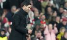 Arsenal's manager Mikel Arteta celebrates after the English Premier League soccer match between Arsenal and Brentford at the Emirates Stadium in London, England, Saturday, March 9, 2024. (AP Photo/Frank Augstein)