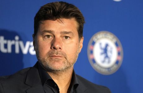 Newly appointed Chelsea manager Mauricio Pochettino addresses the media during a press conference at Stamford Bridge Stadium in London, Friday, July 7, 2023.(AP Photo/Kirsty Wigglesworth)