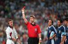 World Cup 1998 Finals, St. Etienne, France. 30th June, 1998.  England 2 v Argentina 2 (Argentina win 4-3 on penalties). Referee Kim Milton Nielsen sends off England's David Beckham for kicking out at Diego Simeone.
