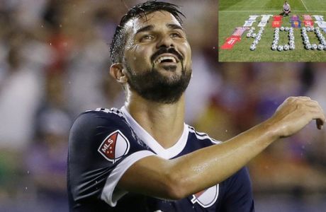FILE - In this Aug. 2, 2017 file photo, MLS All-Stars' David Villa reacts during the MLS All-Star Game against Real Madrid in Chicago. Three years after his last match with Spain, the veteran striker is the surprise name in the list of players called up by national coach Julen Lopetegui for the crucial World Cup qualifier against Italy on Saturday Sept. 2, 2017. (AP Photo/Nam Y. Huh, File)