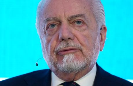 Aurelio De Laurentiis, President of SSC Napoli, speaks during the FT Business of Football Summit in London, Thursday, Feb. 29, 2024. As the summit returns for its sixth edition, top execs from across US and Europe will be flying in to debate and discuss the financial forces transforming the game. (AP Photo/Kin Cheung)