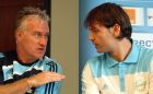 Olympique Marseille's new player Fernando Morientes of Spain, right, and Marseille's coach Didier Deschamps talk during a press conference in Marseille, southern France, Tuesday, July 28, 2009. (AP Photo/Claude Paris)