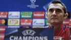 Barcelona coach Ernesto Valverde talks to reporters during a press conference he held at Rome's Olympic Stadium, Monday, April 9, 2018, on the eve of the Champions League quarter final second leg soccer match against Roma. (AP Photo/Gregorio Borgia)
