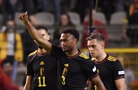 Belgium's Lois Openda celebrates after scoring against Poland during the UEFA Nations League soccer match between Belgium and the Poland, at the King Baudouin Stadium in Brussels, Wednesday, June 8, 2022. (AP Photo/Geert Vanden Wijngaert)