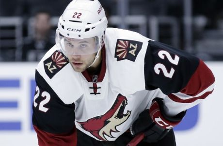 This Sept. 23, 2015 photo shows Arizona Coyotes left wing Craig Cunningham playing during an NHL preseason hockey game against the Los Angeles Kings in Los Angeles. The American Hockey League honored the Tucson Roadrunners captain Craig Cunningham at its All-Star Game as all players wore his No. 14 during warm-ups. (AP Photo/Chris Carlson)
