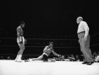 Heavyweight champion Muhammad Ali (Cassius Clay) at left stands by after he landed a right to the head of challenger Cleveland Williams which  knocked him down for the fourth time in their title bout in Houston?s domed stadium on Nov. 15, 1966.  The punch was landed in the third round and moment?s later referee Harry Kessler put a stop to the mismatch, awarding Ali a technical knockout. (AP Photo)