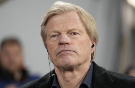 German soccer legend Oliver Kahn waits for the start of the Champions League quarter final second leg soccer match between Bayern Munich and Manchester City, at the Allianz Arena stadium in Munich, Germany, Wednesday, April 19, 2023. (AP Photo/Matthias Schrader)
