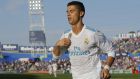 Real Madrid's Cristiano Ronaldo celebrates after scoring the winning goal during a Spanish La Liga soccer match between Getafe and Real Madrid at the Coliseum Alfonso Perez in Getafe, Spain, Saturday, Oct. 14, 2017. (AP Photo/Paul White)