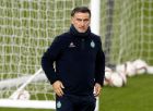 Saint Etienne manager Christophe Galtier attend a training session at Old Trafford, Manchester, England, Wednesday Feb. 15, 2017. Manchester United will play a Europa League round of 32 soccer match against Saint-Etienne on Thursday. (Martin Rickett/PA via AP)
