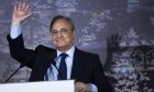 Real Madrid's president Florentino Perez waves during the official announcement of his re-election as the club's new president at the Santiago Bernabeu stadium in Madrid, Monday, June 19, 2017.  Florentino Perez was re-elected president as he was the only official candidate. (AP Photo/Francisco Seco)