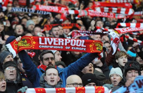 Liverpool fans during the English Premier League soccer match between Liverpool and West Ham United at Anfield in Liverpool, England, Saturday, Feb. 24, 2018. (AP Photo/Rui Vieira)