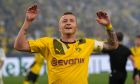 Dortmund's Marco Reus reacts during the Champions League Group G soccer match between Borussia Dortmund and FC Copenhagen in Dortmund, Germany, Tuesday, Sept. 6, 2022. (AP Photo/Martin Meissner)