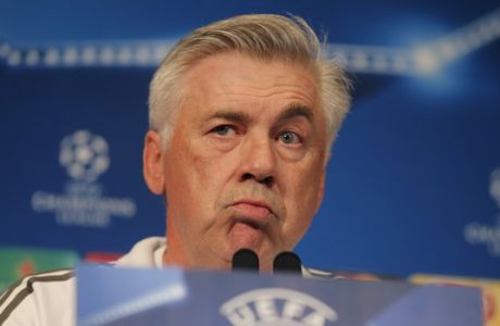 Bayern Munich's coach Carlo Ancelotti speaks during a media conference at Parc des Prince stadium ahead of the Champions League soccer match between Bayern Munich and Paris Saint Germain in Paris, Tuesday, Sept. 26, 2017. Bayern Munich will face Paris Saint Germain (AP Photo/Michel Euler)