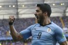 Uruguay's Luis Suarez celebrates scoring his side's first goal during the group A match against Saudi Arabia at the 2018 soccer World Cup in Rostov Arena in Rostov-on-Don, Russia, Wednesday, June 20, 2018. (AP Photo/Andrew Medichini)