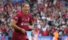 Liverpool's Darwin Nunez celebrates after scoring his side's third goal during the FA Community Shield soccer match between Liverpool and Manchester City at the King Power Stadium in Leicester, England, Saturday, July 30, 2022. (AP Photo/Frank Augstein)
