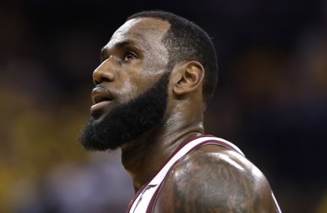 Cleveland Cavaliers forward LeBron James' eye is shown during the first half of Game 2 of basketball's NBA Finals between the Golden State Warriors and the Cleveland Cavaliers in Oakland, Calif., Sunday, June 3, 2018. (AP Photo/Marcio Jose Sanchez)