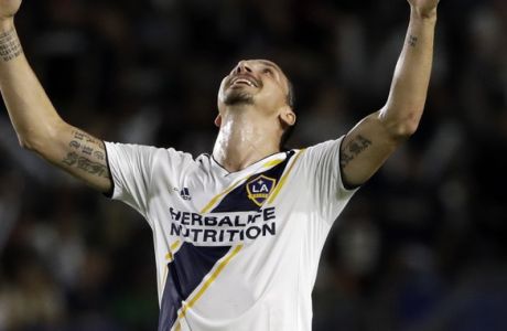 LA Galaxy forward Zlatan Ibrahimovic reacts to a missed shot during the first half of the team's MLS soccer match against the Minnesota United on Saturday, Aug. 11, 2018, in Carson, Calif. (AP Photo/Marcio Jose Sanchez)