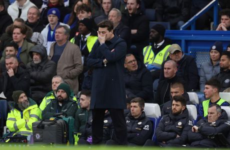 Chelsea's head coach Mauricio Pochettino reacts after Wolves scored a second goal during the English Premier League soccer match between Chelsea and Wolverhampton Wanderers at Stamford Bridge stadium in London, Sunday, Feb. 4, 2024. (AP Photo/Ian Walton)